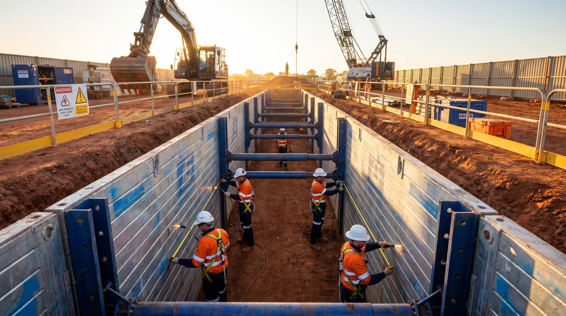 Steel trench shield installed in deep excavation with workers